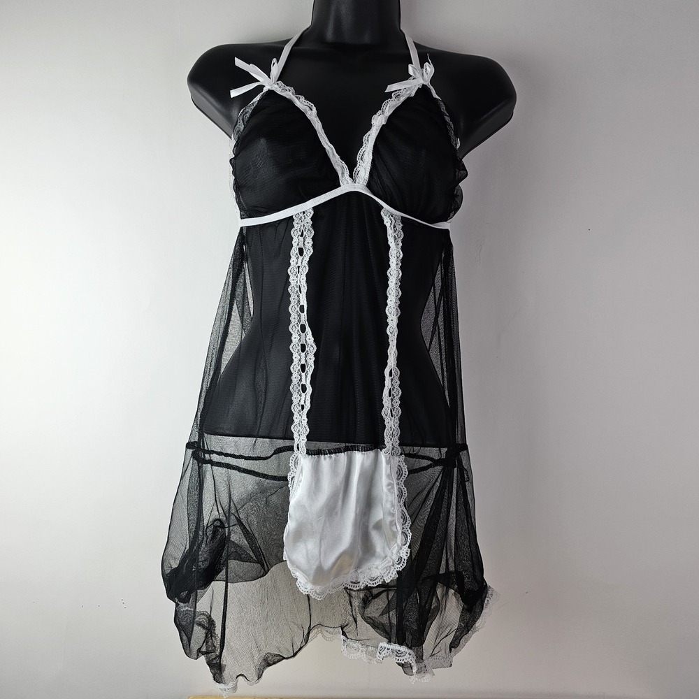 Black Lace Babydoll‎ French Maid Costume One Size Sheer Mesh Lingerie